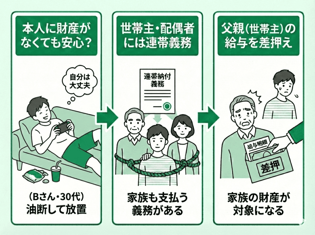 家族（世帯主・配偶者）の財産が差し押さえられたBさんの実例