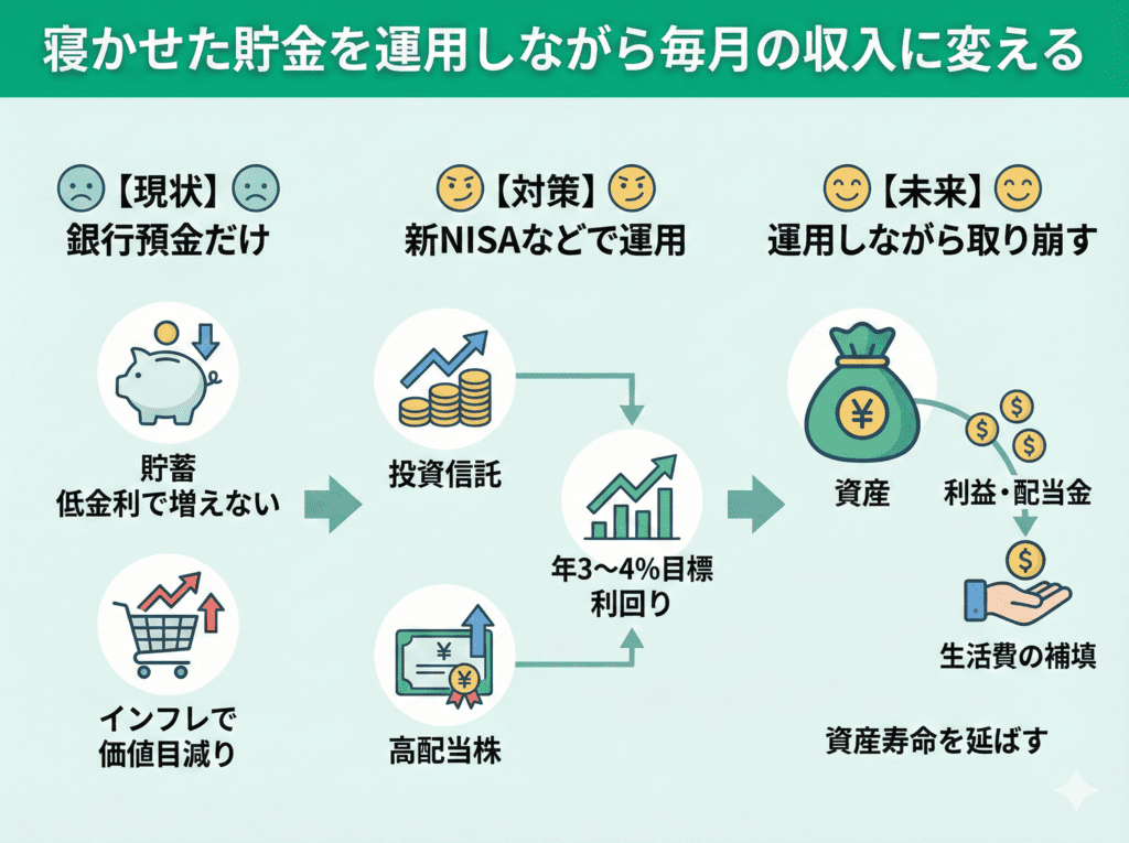 寝かせた貯金を運用しながら毎月の収入に変える
