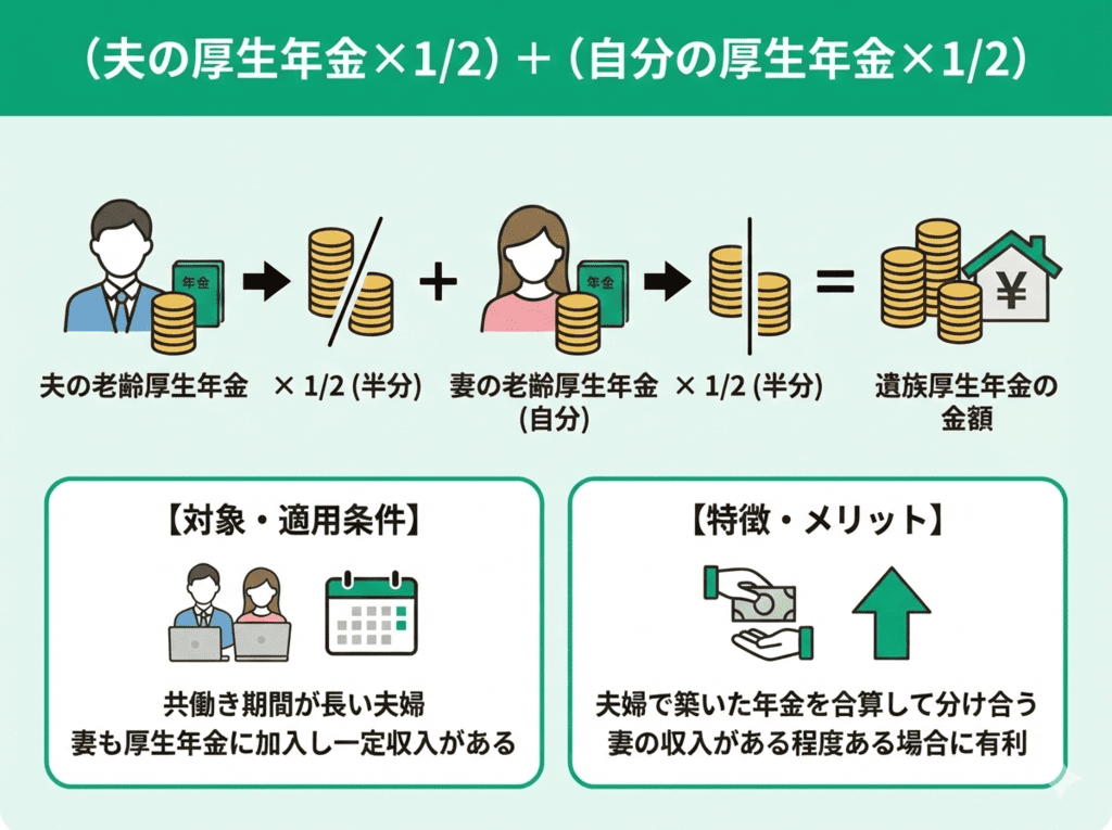 （夫の厚生年金×1/2）+（自分の厚生年金×1/2）