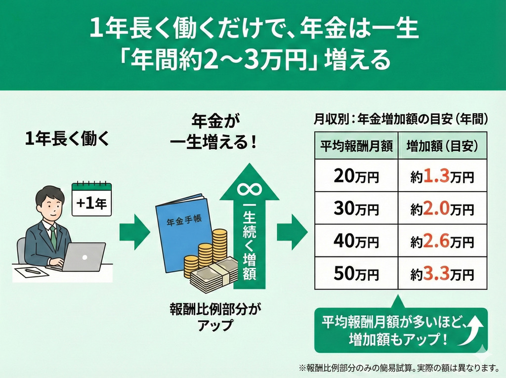 1年長く働くだけで、年金は「年間約2～3万円」増える