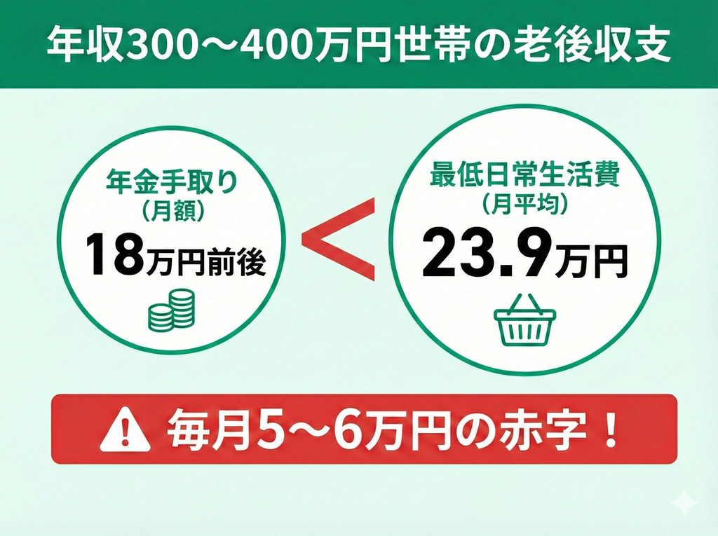 300～400万円：手取り「月18万円」前後で生活はギリギリ