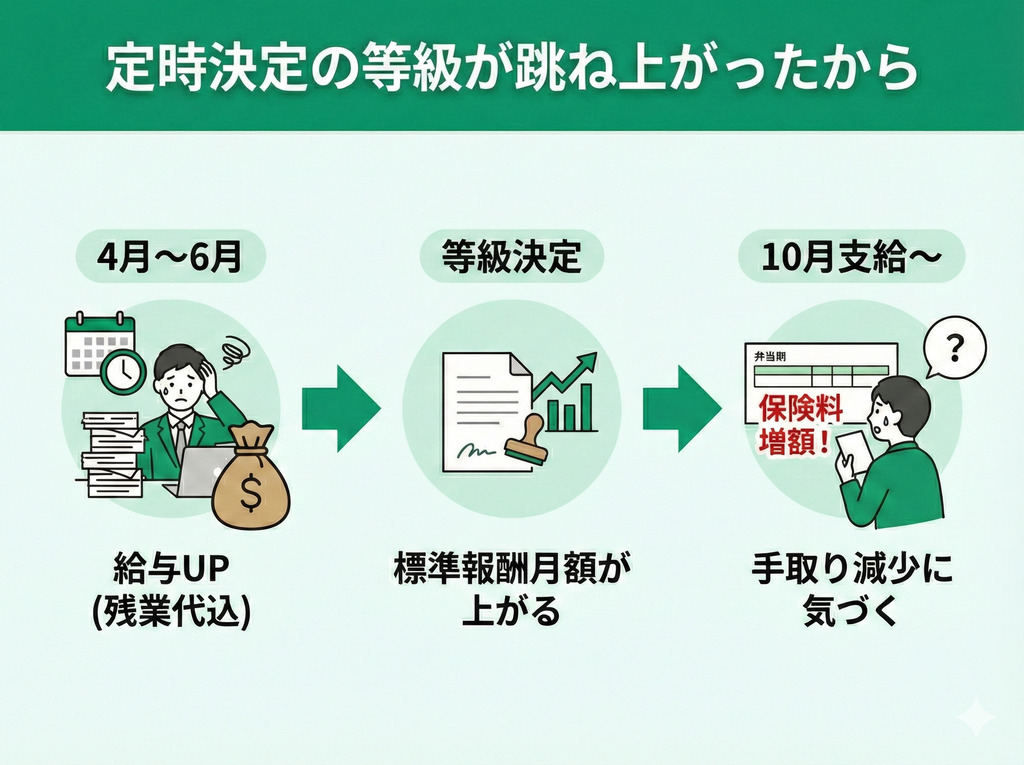 原因➀:4~6月の残業過多で定時決定の等級が跳ね上がったから